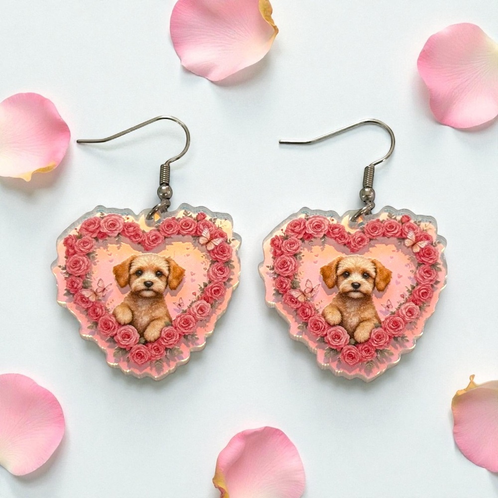 Heart-Shaped Cavapoo Earrings with Pink Roses